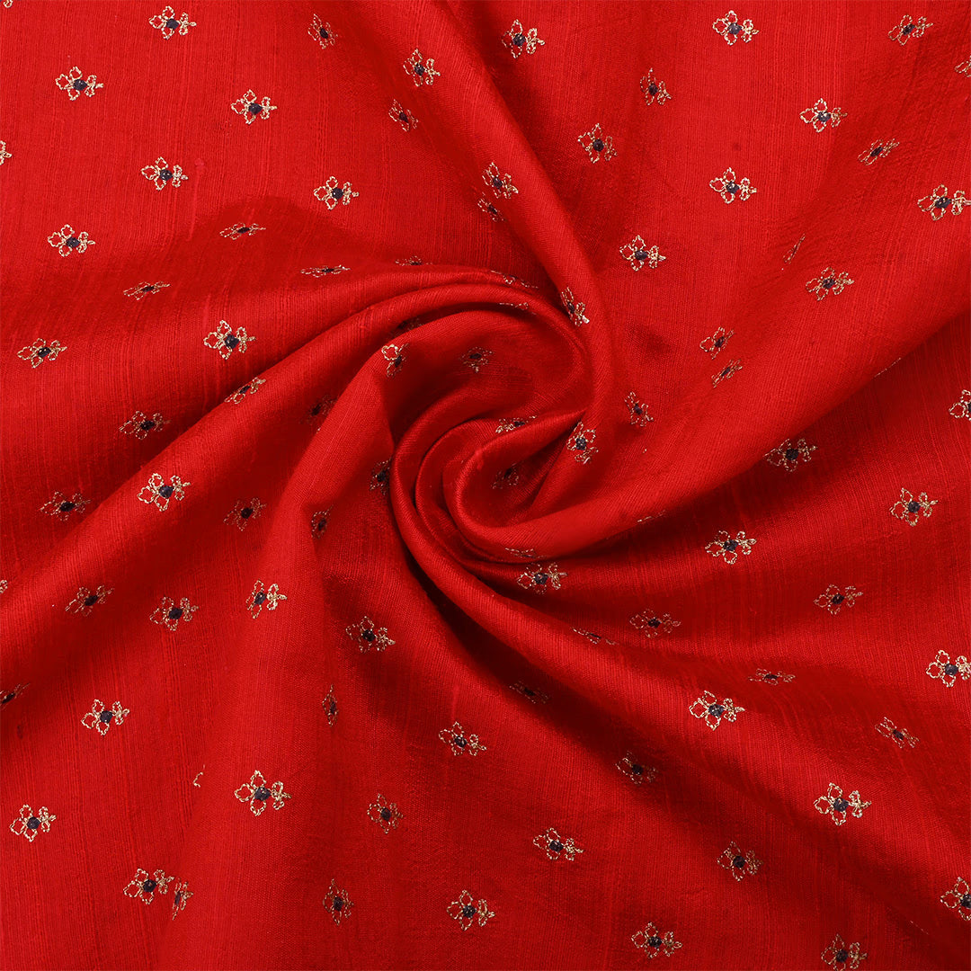 Venetian Red Dupion Raw Silk Zari Embroidered Fabric