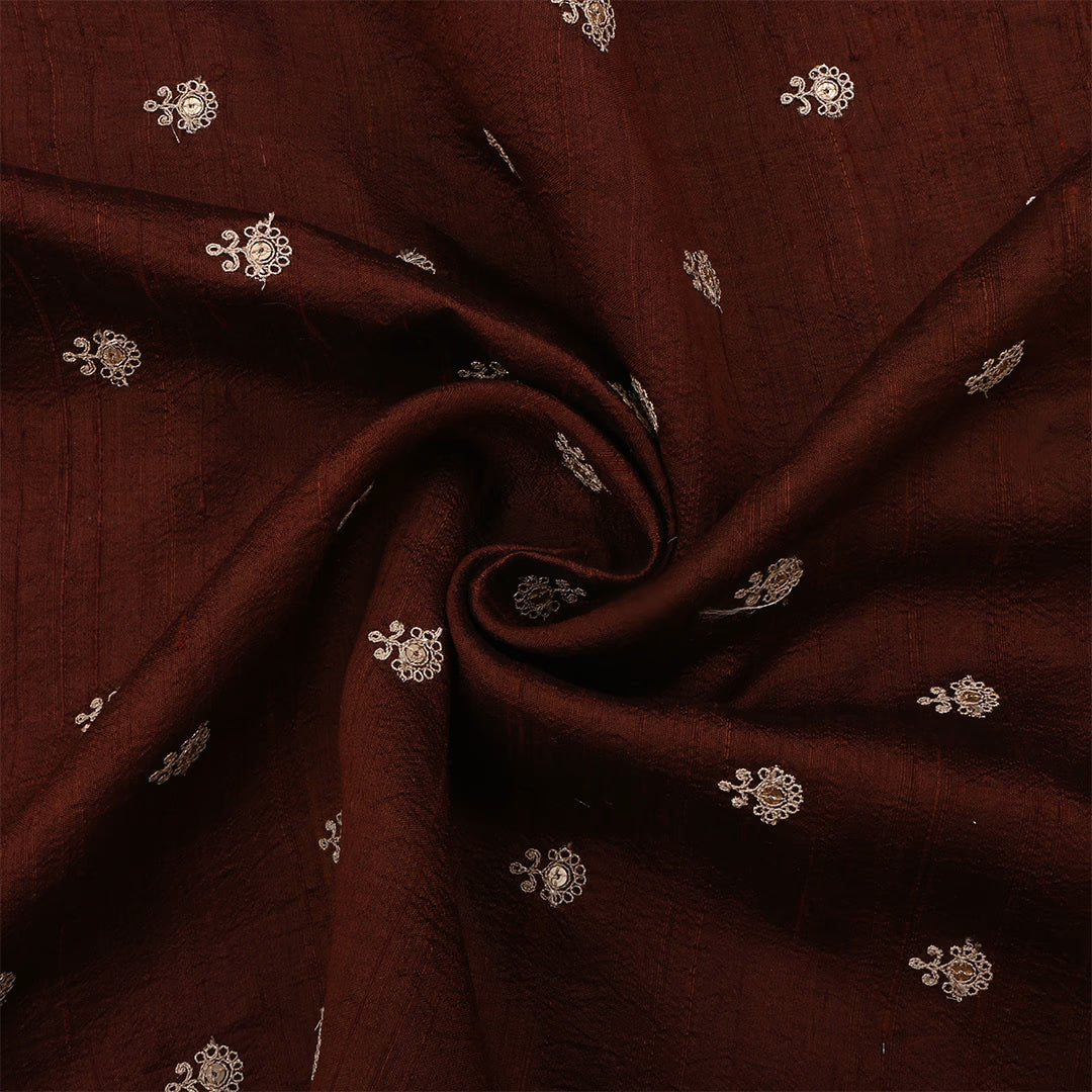 Dark Sienna Dupion Raw Silk Zari Embroidered Fabric