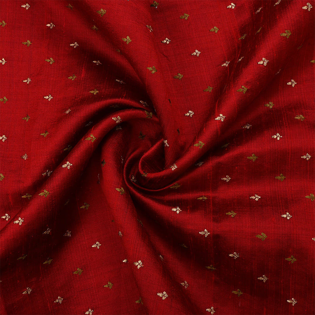 Red Berry Dupion Raw Silk Zari Embroidered Fabric