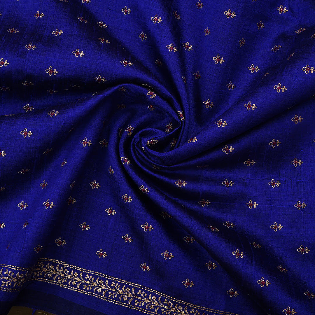 Dark Royal Blue Dupion Raw Silk Zari Embroidered Fabric