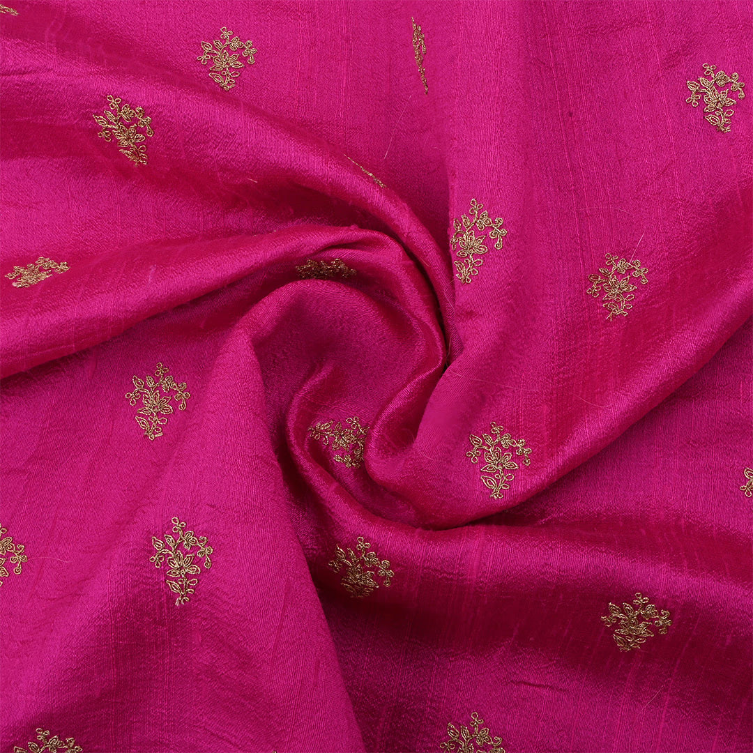 Purplish Red Dupion Raw Silk Zari Embroidered Fabric