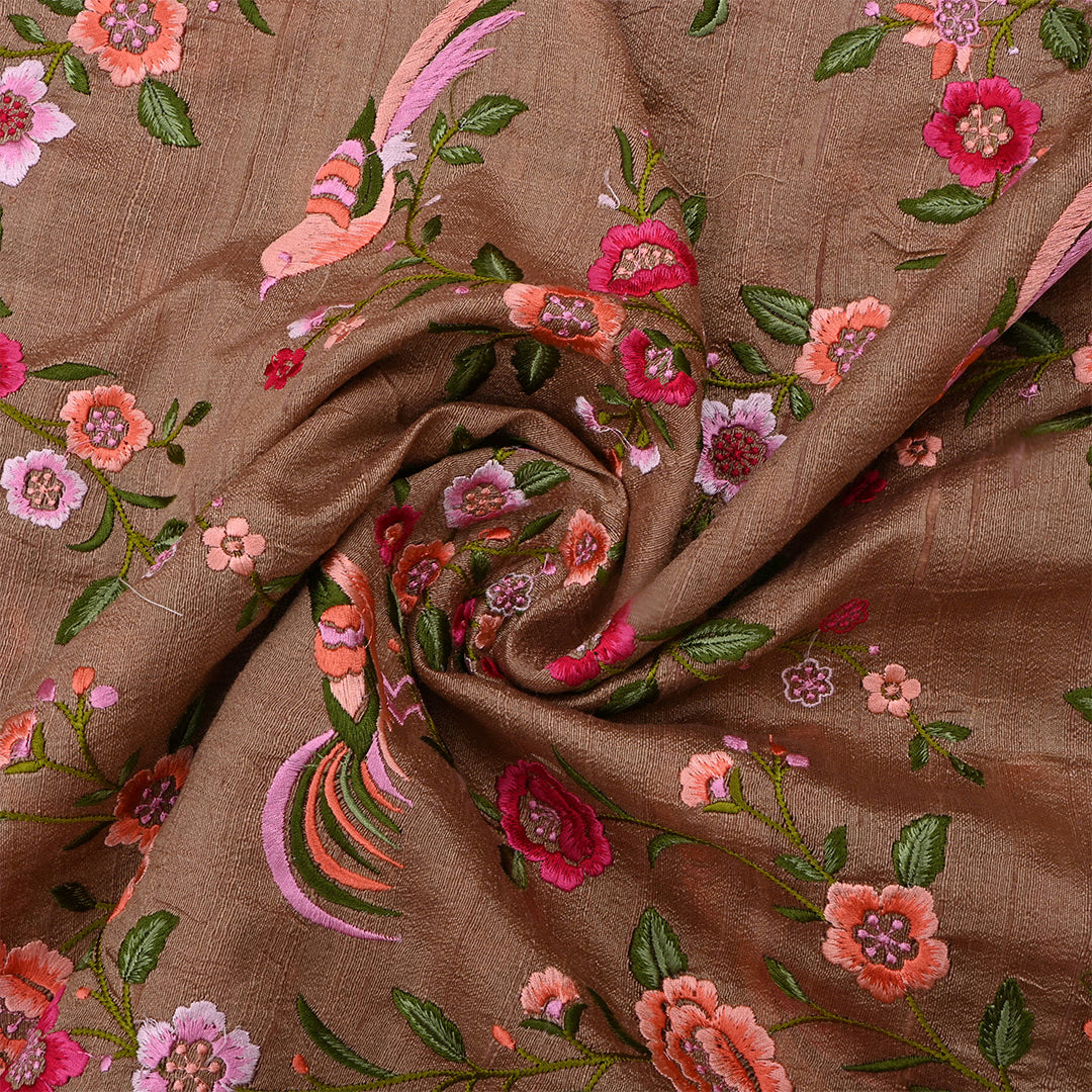 Brown Dupion Raw Silk Floral Embroidered Fabric