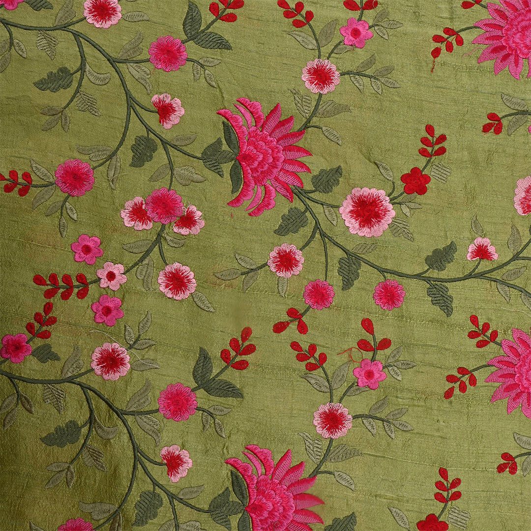 Muddy Green Dupion Raw Silk Embroidered Fabric