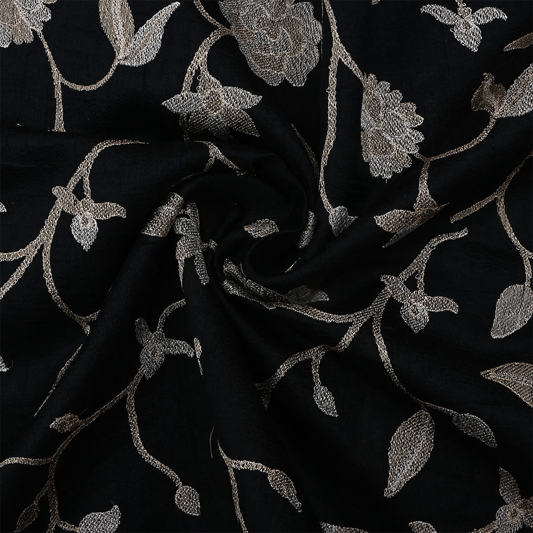 Black Dupion Raw Silk Embroidered Fabric