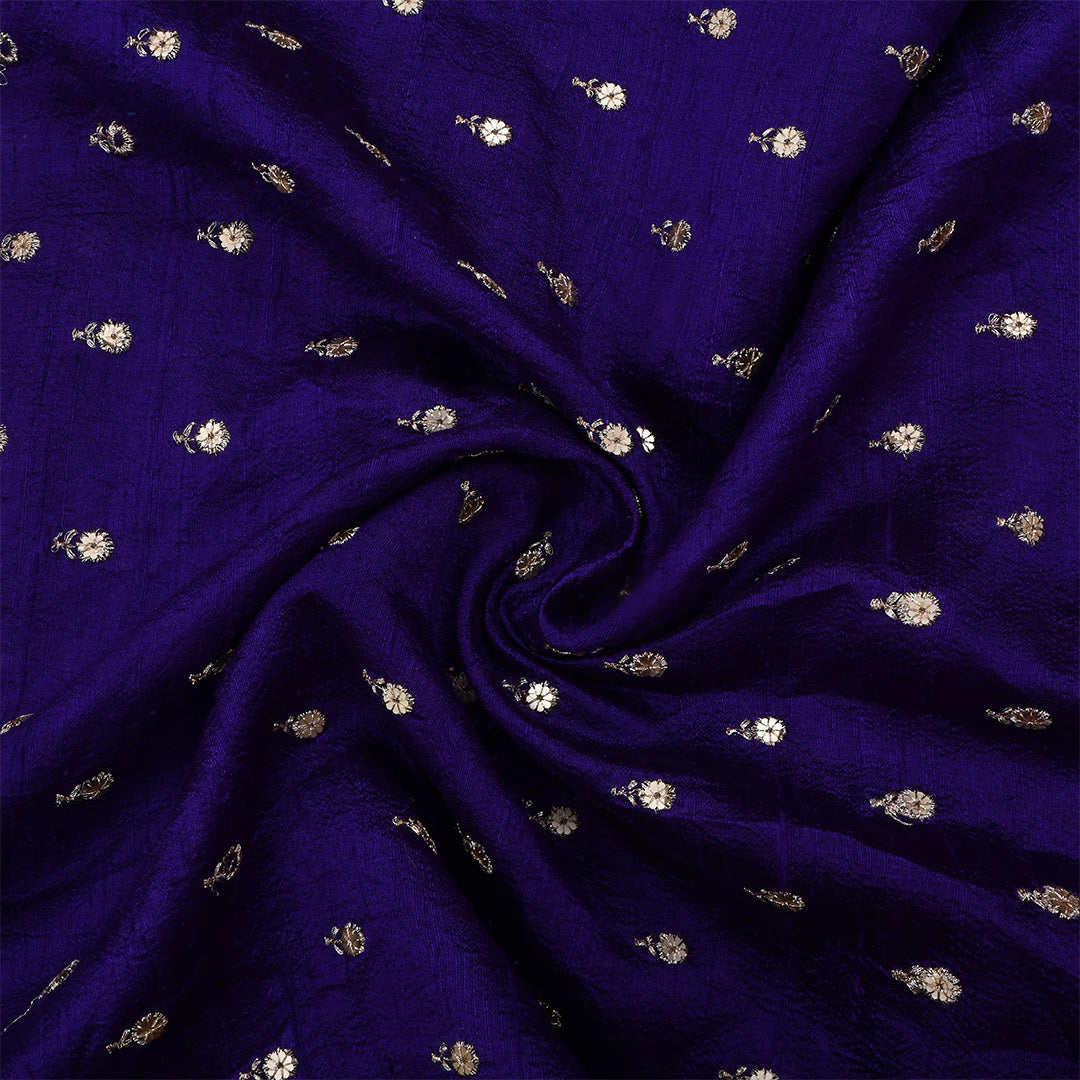 Dark Indigo Dupion Raw Silk Embroidered Fabric