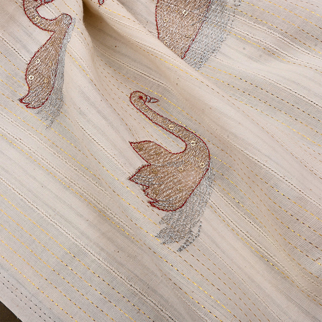 Light Beige Cotton Swan Zari Embroidered Fabric