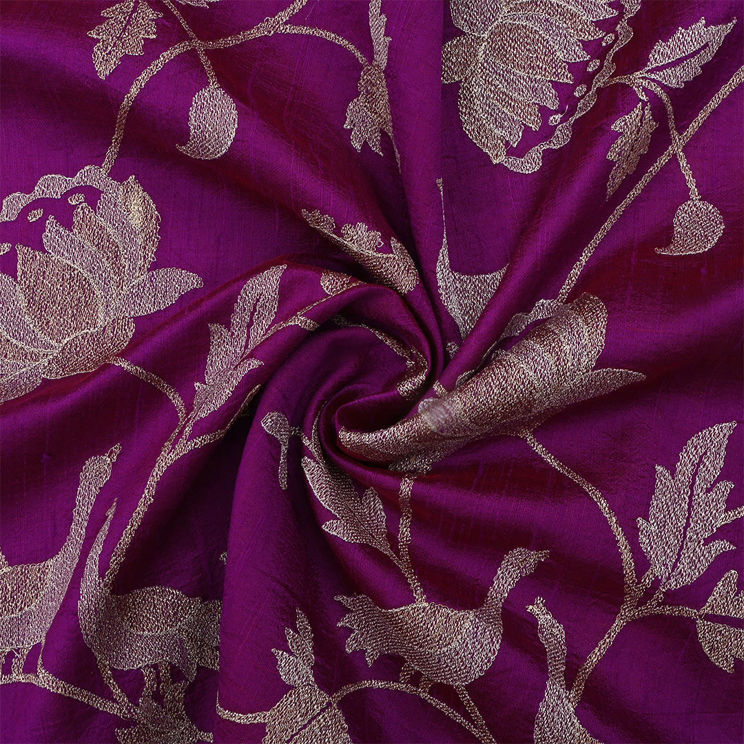 Grape Purple Dupion Raw Silk Embroidered Fabric