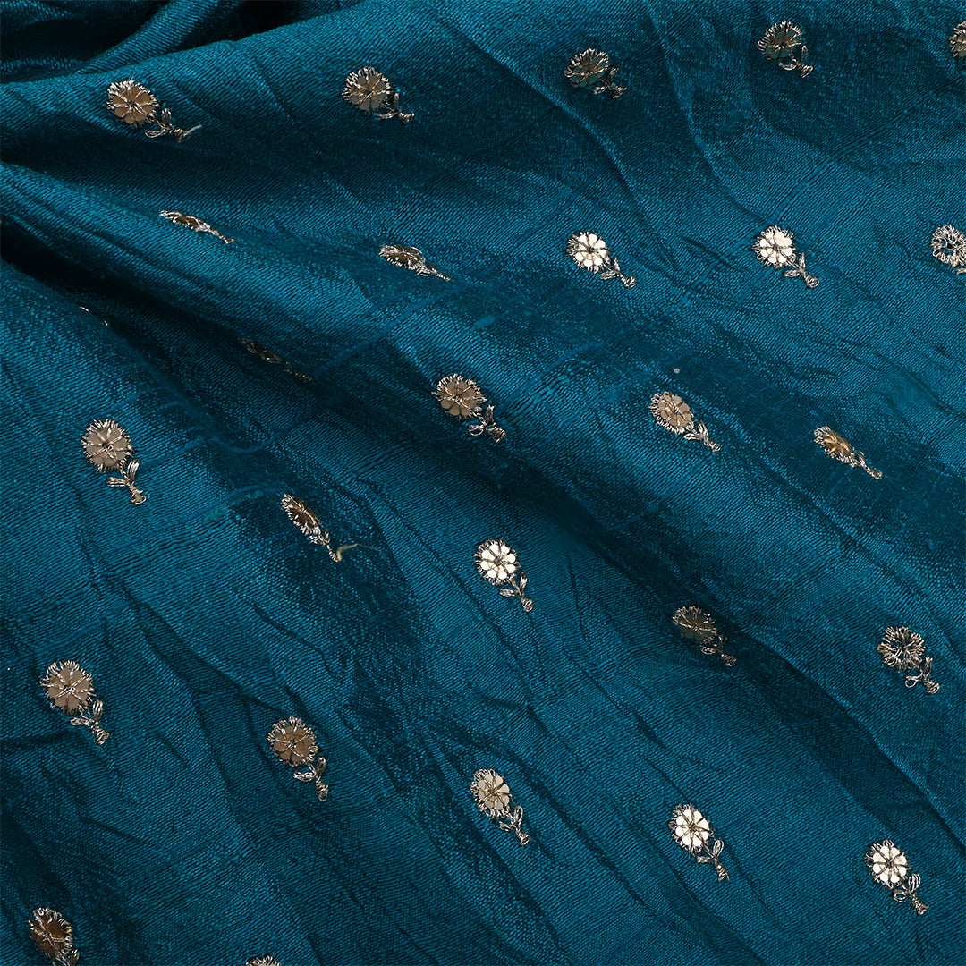 Deep Sea Blue Dupion Raw Silk Embroidered Fabric