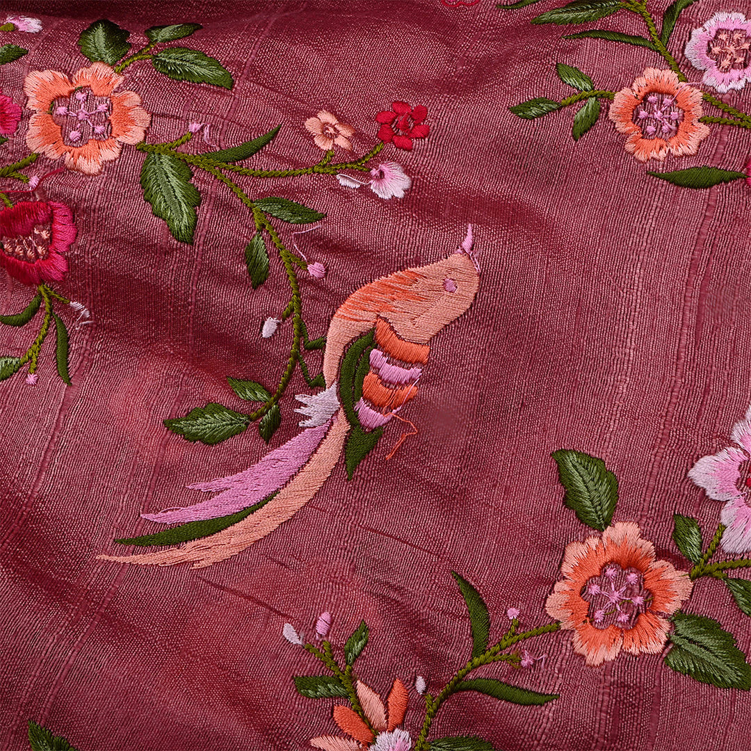 Cordovan Pinkish Red Dupion Raw Silk Embroidered Fabric