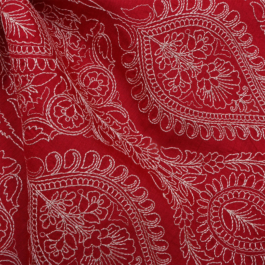 Red Moonga Tussar Embroidered Fabric