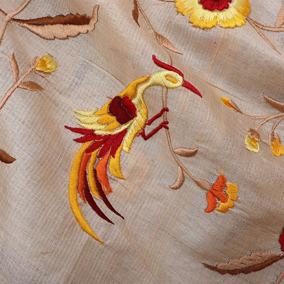 Vanilla Cream Tussar Floral Embroidered Fabric