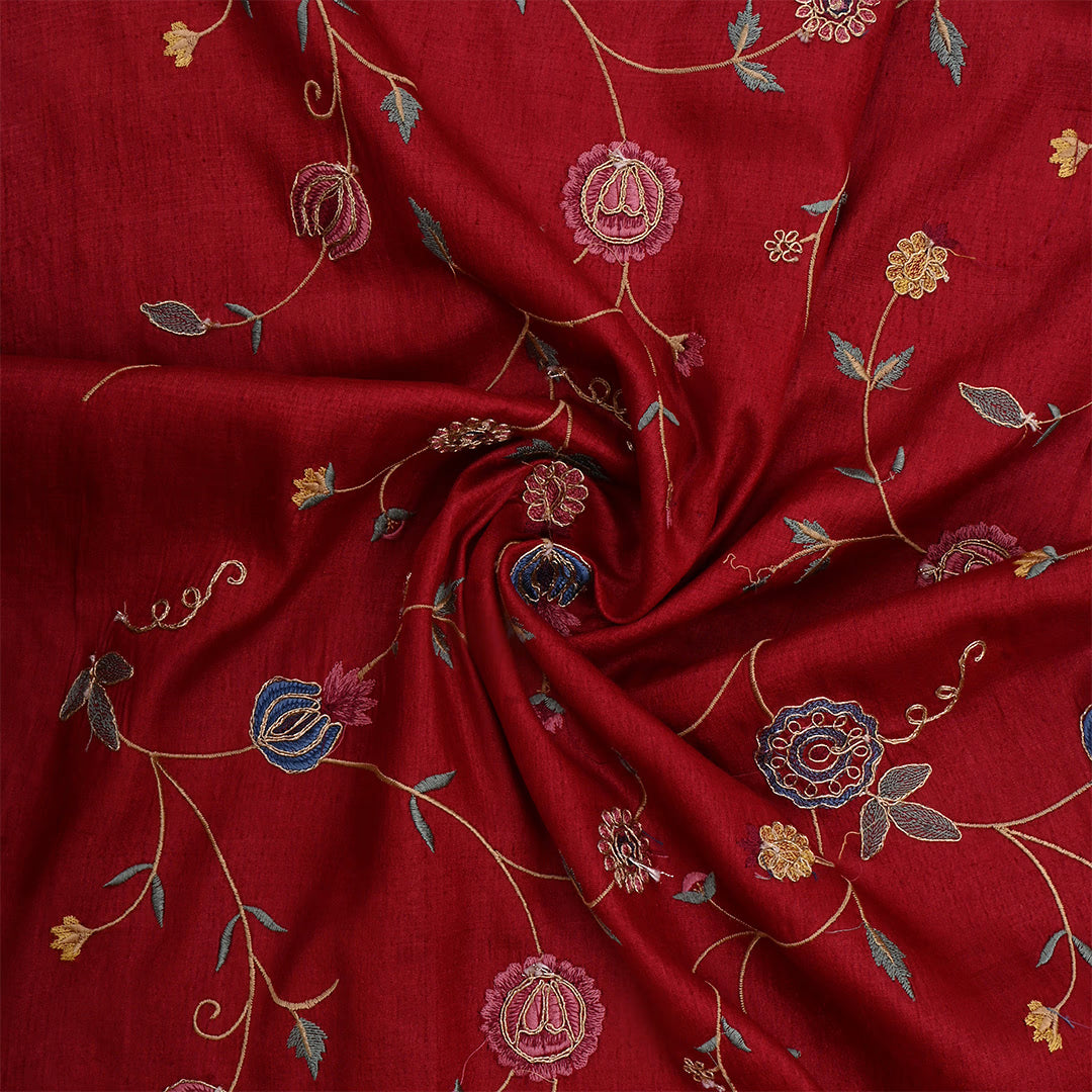 Falu Red Tussar Floral Embroidered Fabric