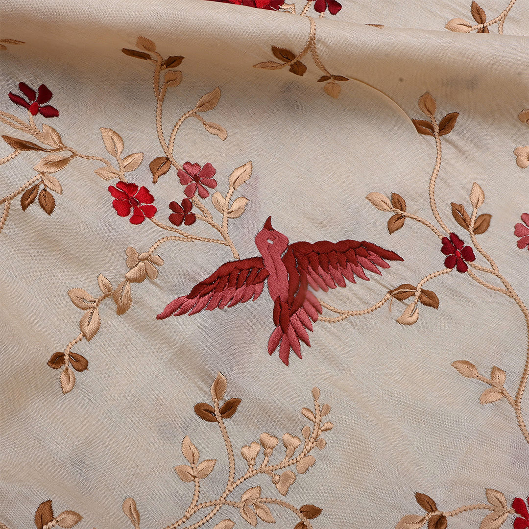 Vanilla Cream Tussar Embroidered Fabric