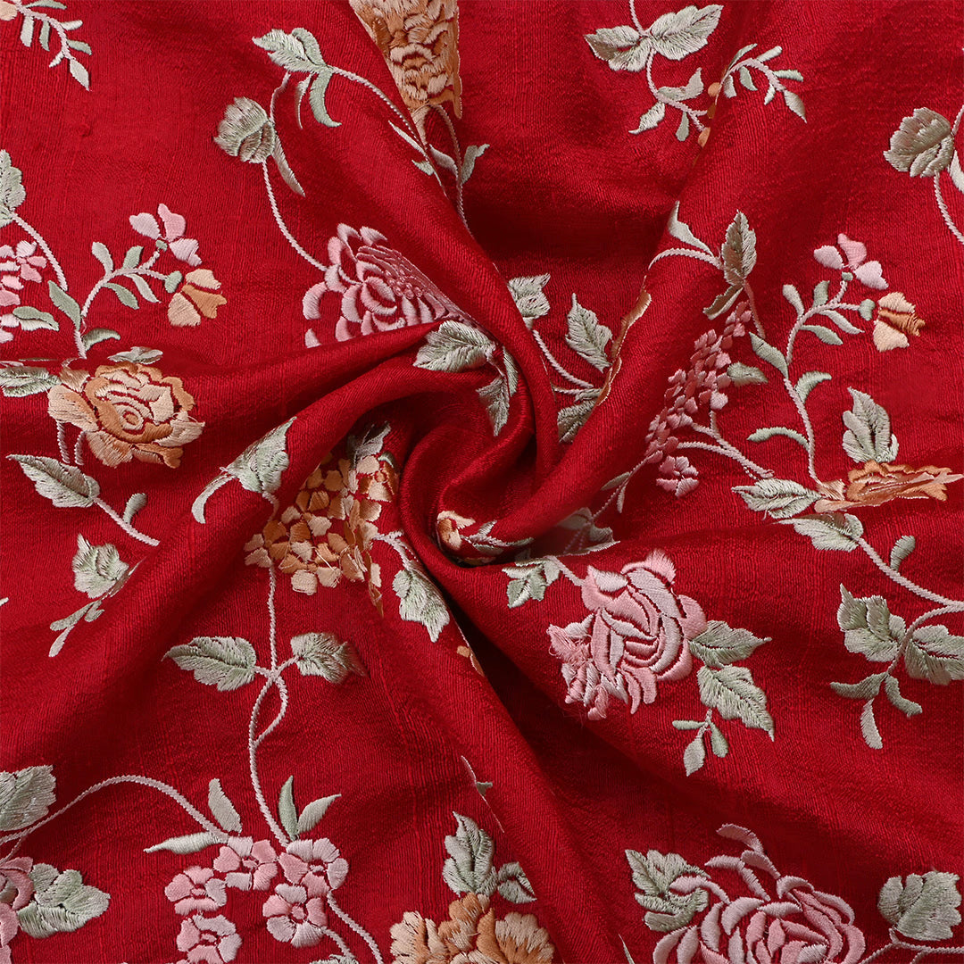 Red Wine Dupion Raw Silk Embroidered Fabric