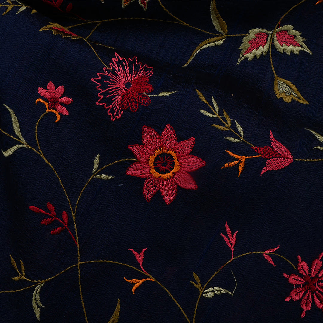 Dark Navy Blue Dupion Raw Silk Embroidered Fabric