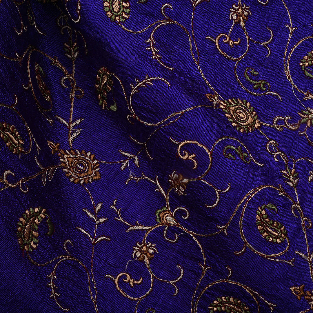 Dark Indigo Dupion Raw Silk Paisley Embroidered Fabric
