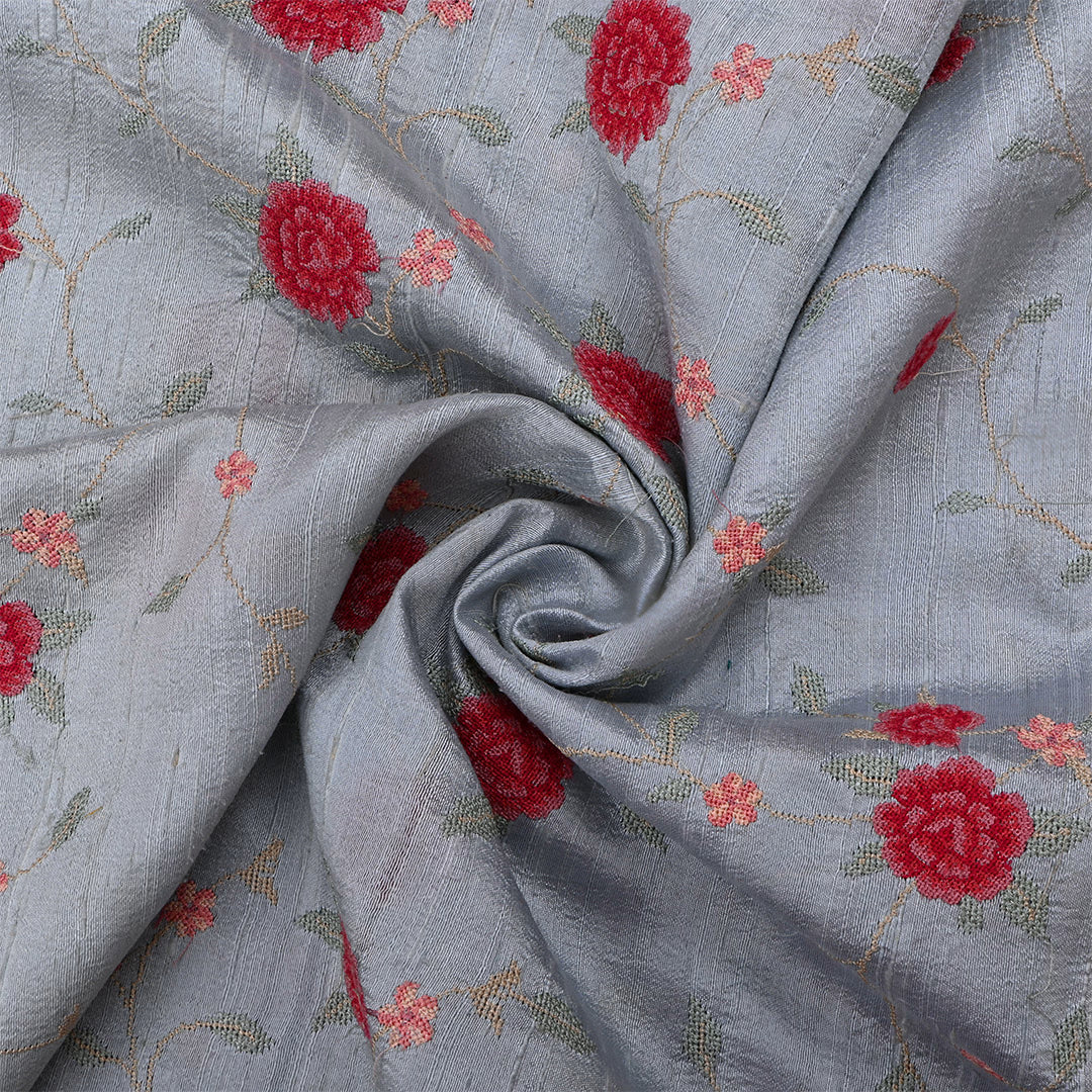 Cool Gray Dupion Tussar Petit Point Embroidered Fabric