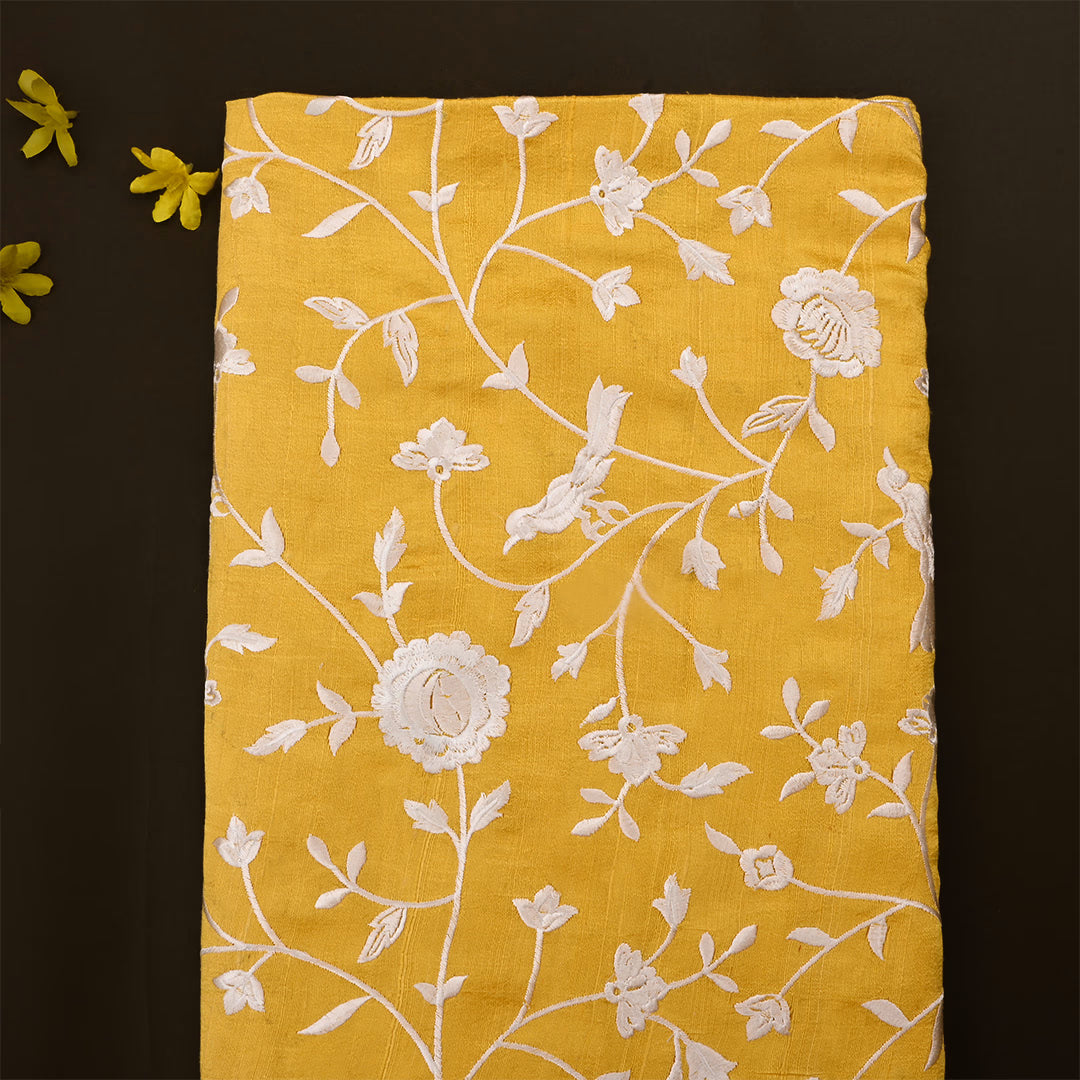 Vibrant Yellow Dupion Raw Silk Embroidered Fabric