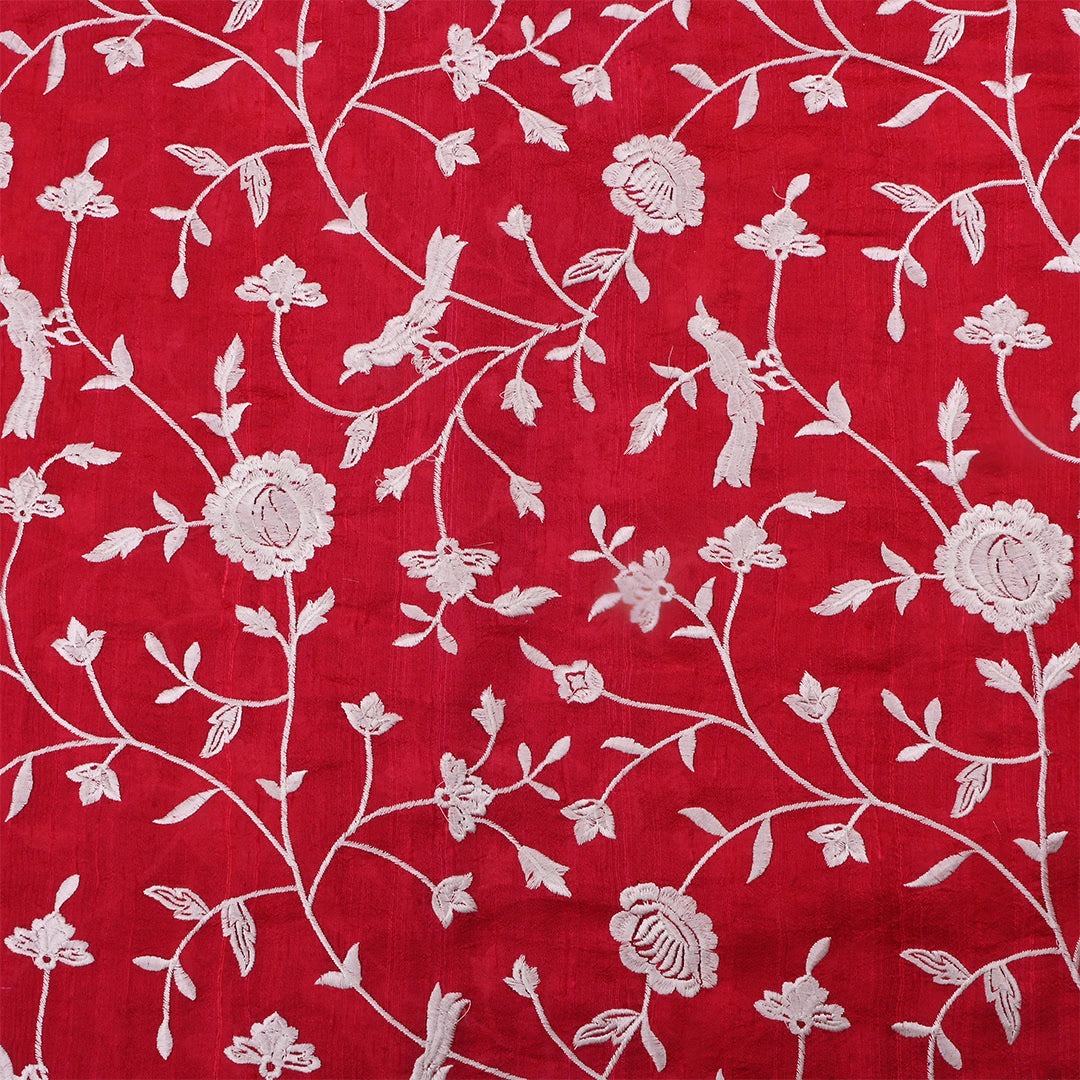 Cornell Red Dupion Raw Silk Embroidered Fabric