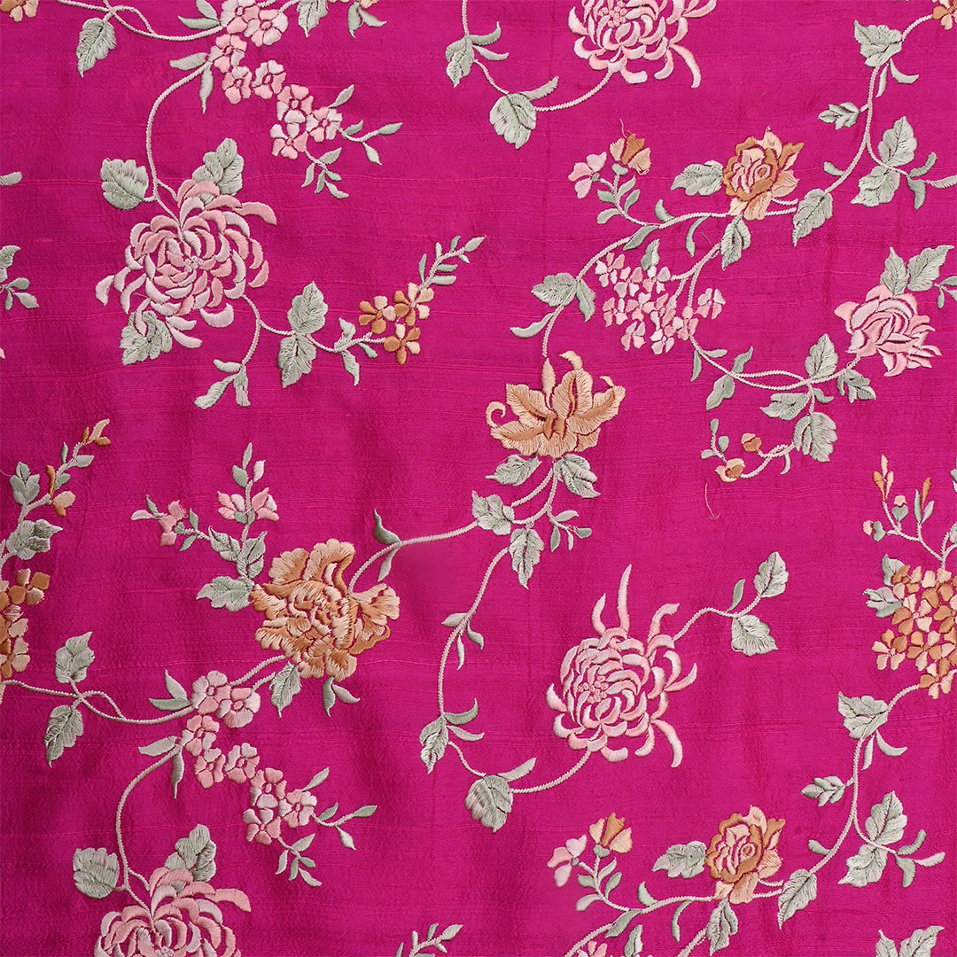 Bright Pink Dupion Raw Silk Embroidered Fabric