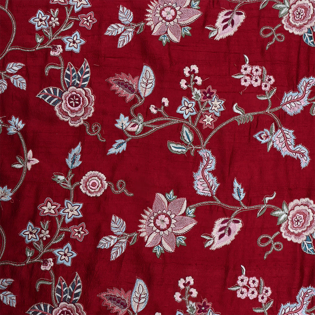 Firebrick Red Dupion Raw Silk Embroidered Fabric