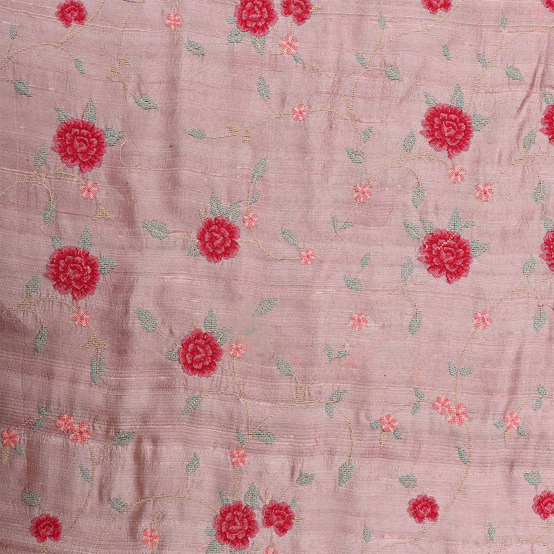 Light Mauve Red Dupion Raw Silk Petit Point Embroidered Fabric