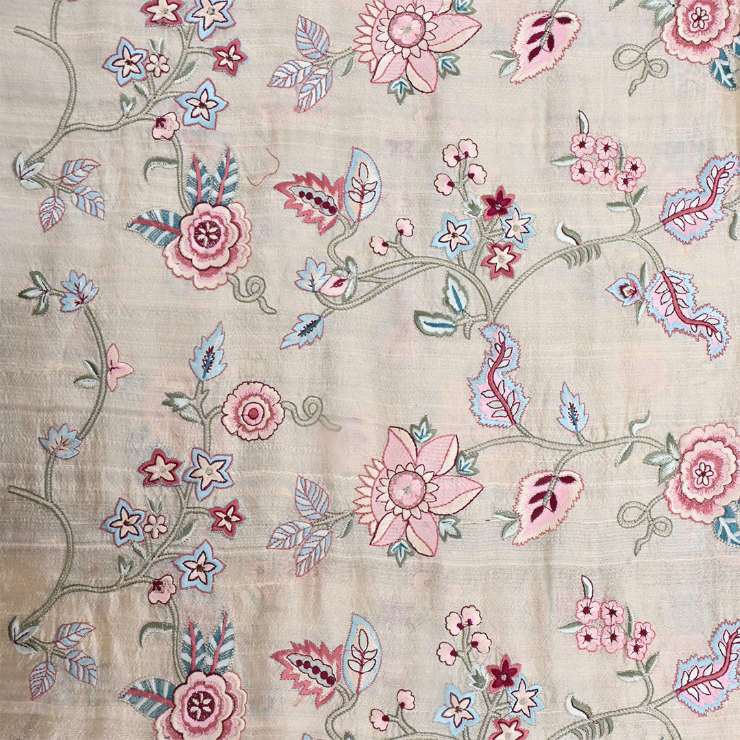 Bone Cream Dupion Raw Silk Embroidered Fabric