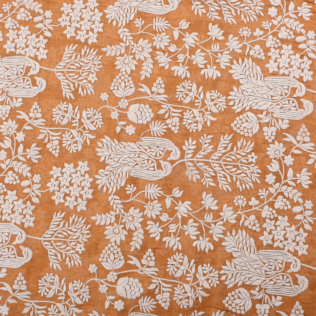 Orange Salmon Tissue Embroidered Fabric