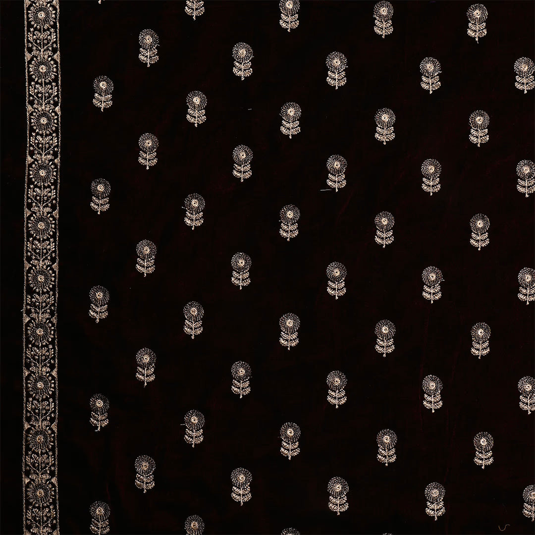 Black Velvet Zari Embroidered Fabric With Red Edge