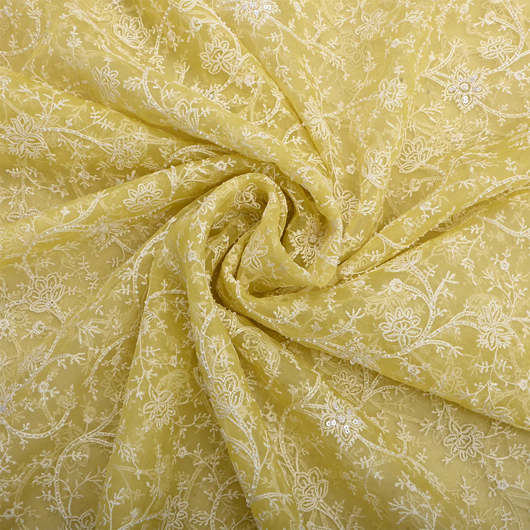 Tan Yellow Organza Embroidered Fabric