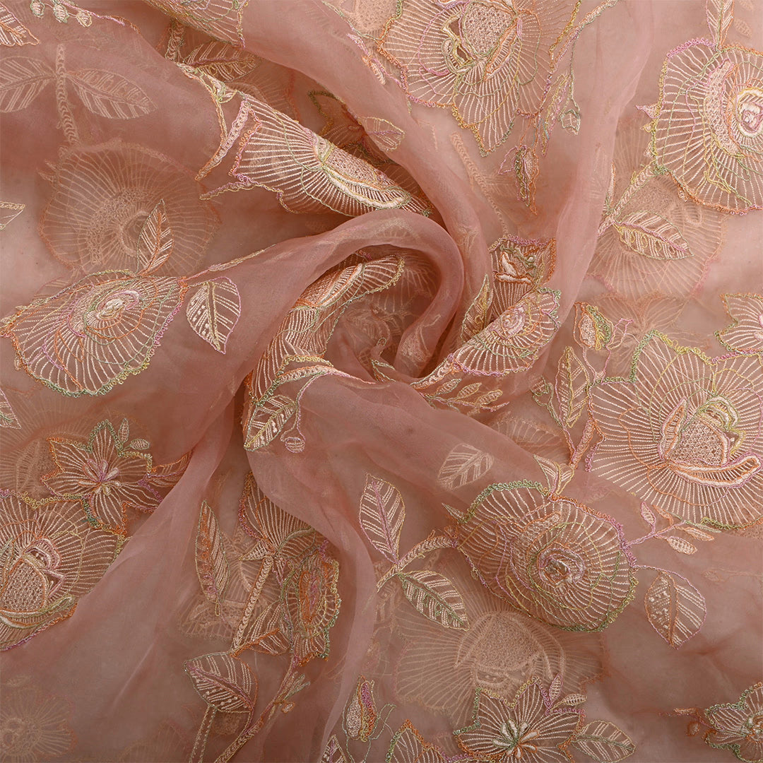 Apricot Peach Organza Embroidered Fabric