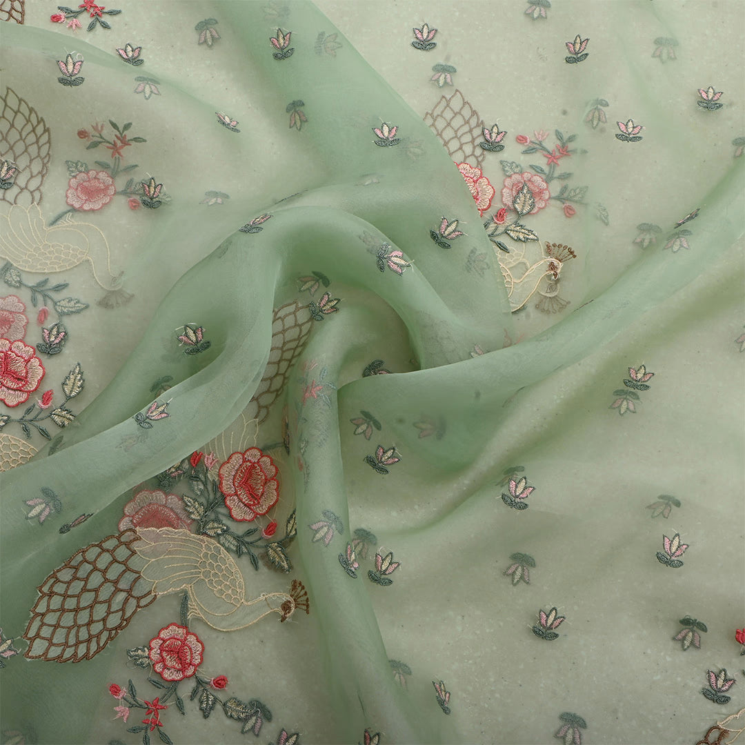Turquoise Green Organza Embroidered Fabric