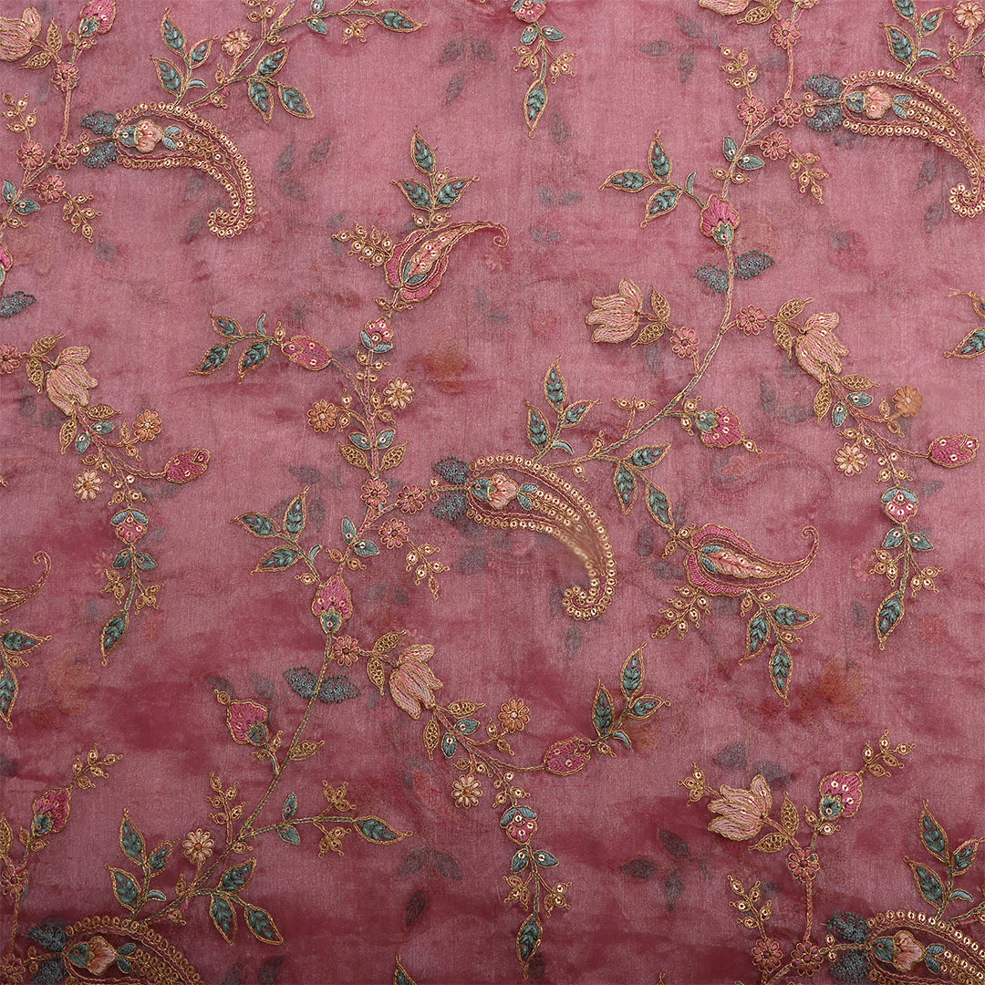 Brownish Purple Tissue Floral Embroidered Fabric