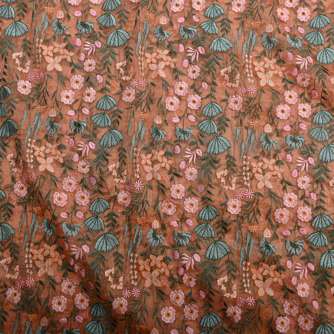 Orange Salmon Tissue Floral Embroidered Fabric