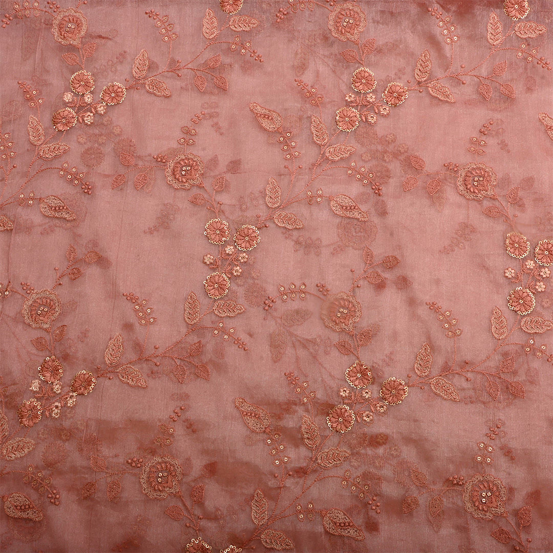 Brownish Pink Tissue Embroidered Fabric