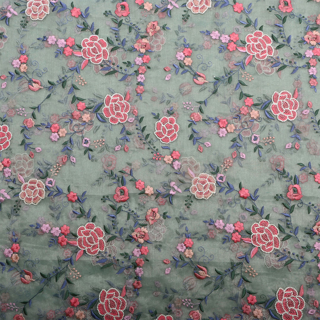 Light Viridian Green Tissue Floral Embroidered Fabric