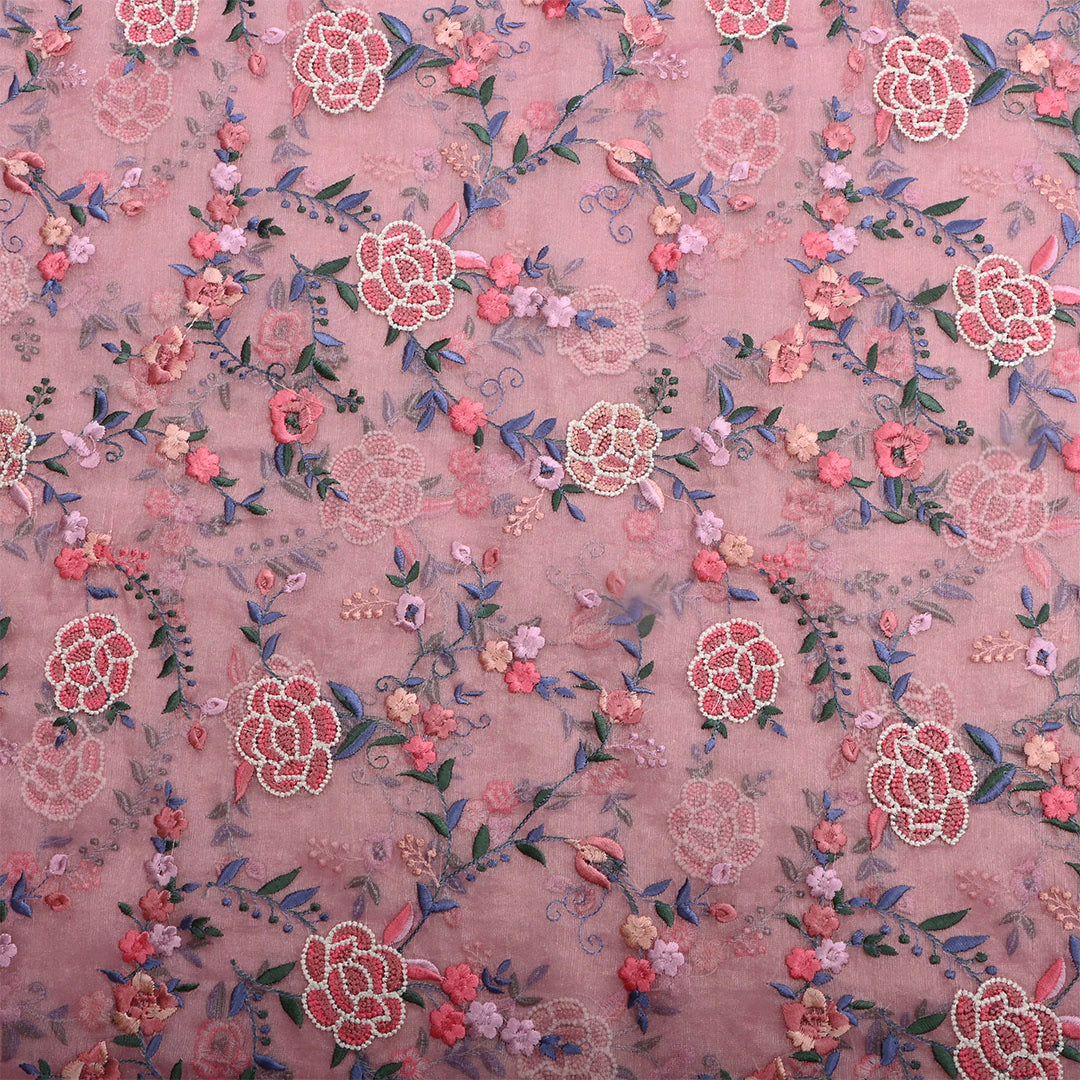 Greyish Pink Tissue Floral Embroidered Fabric
