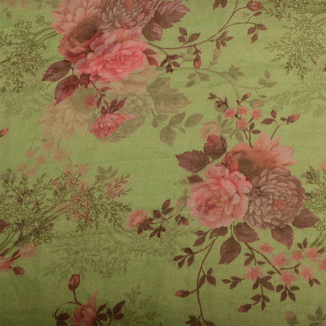 Drab Green Tissue Floral Printed Fabric