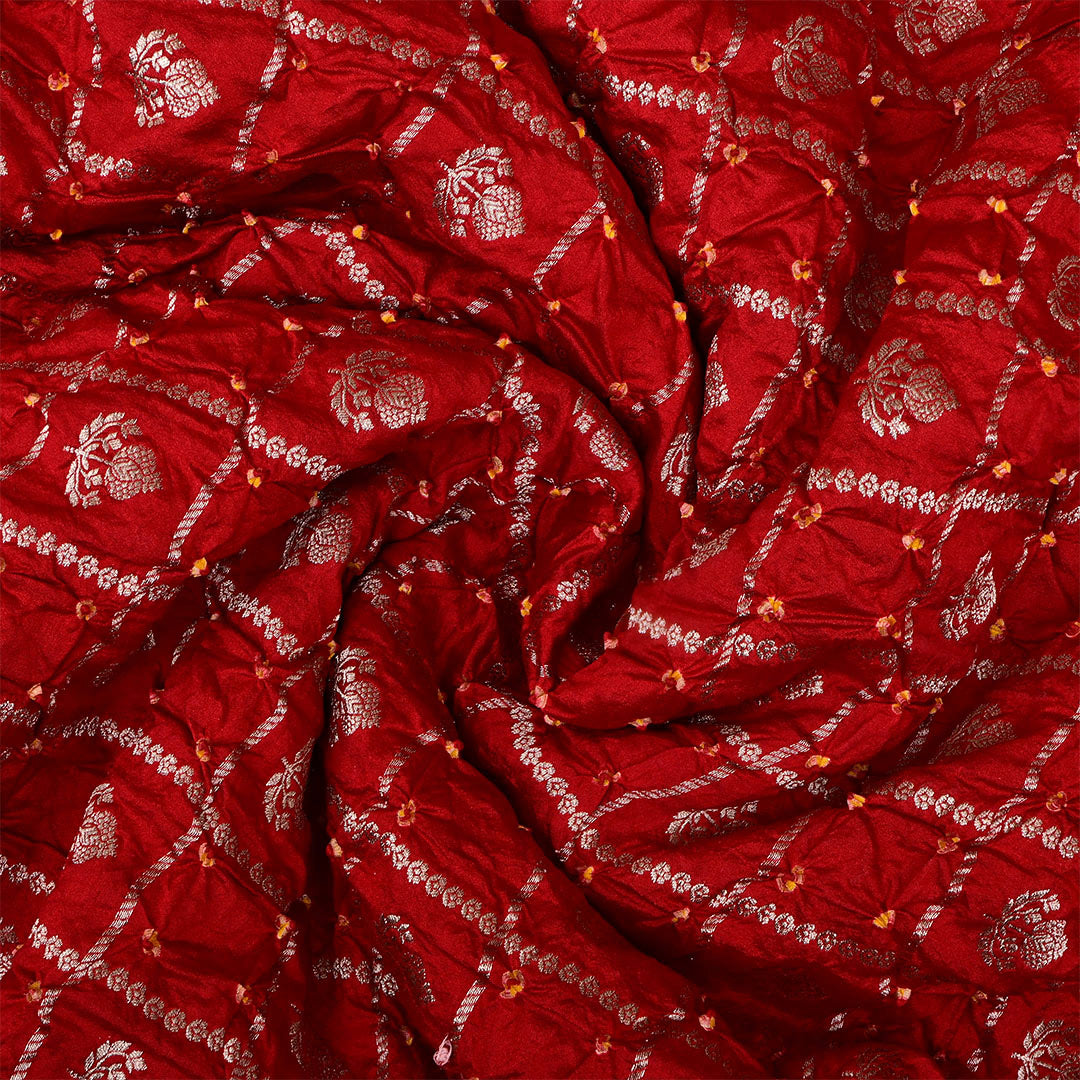 Vibrant Red Silk Bandhani Fabric With Checks Pattern