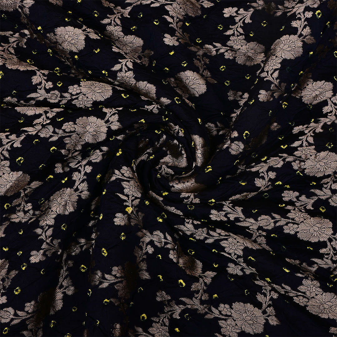 Black Silk Bandhani Fabric With Floral Jaal