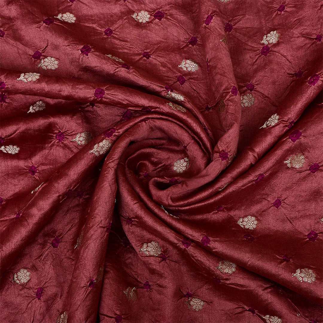 Wine Red Silk Bandhani Fabric With Floral Motifs