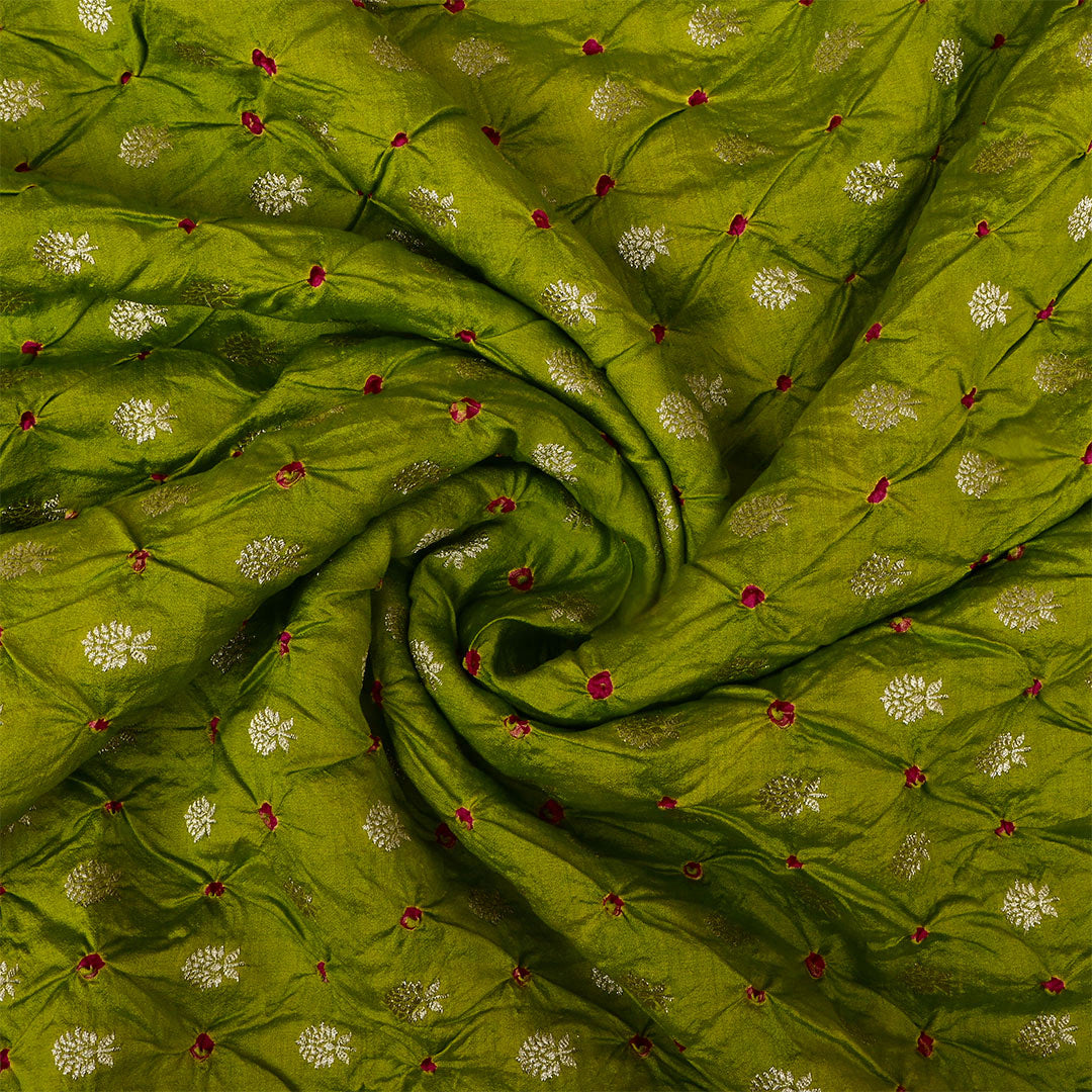 Greeny Brown Silk Bandhani Fabric With Floral Motifs