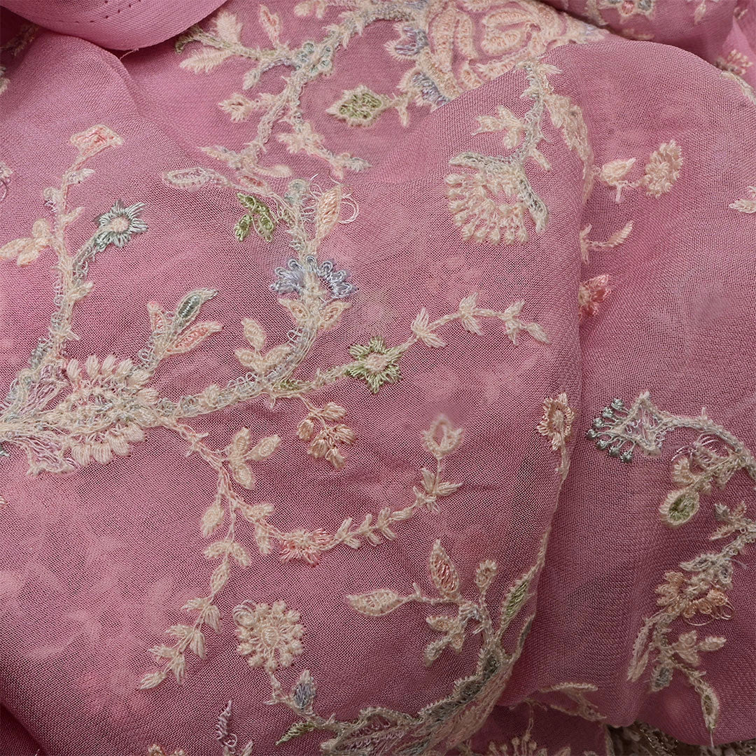 Turkish Rose Pink Georgette Embroidered Fabric