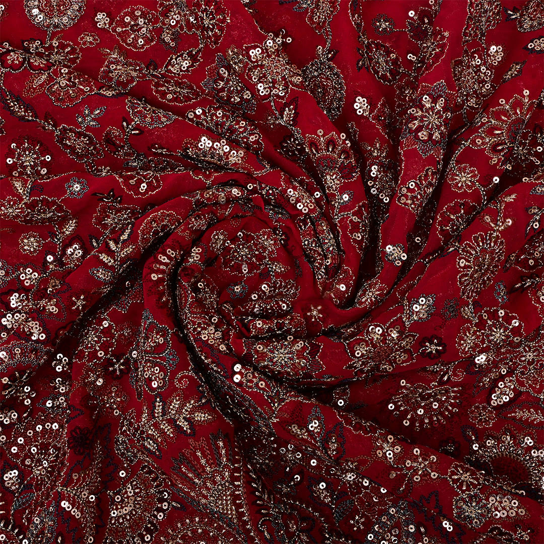 Japanese Maple Red Georgette Embroidered Fabric