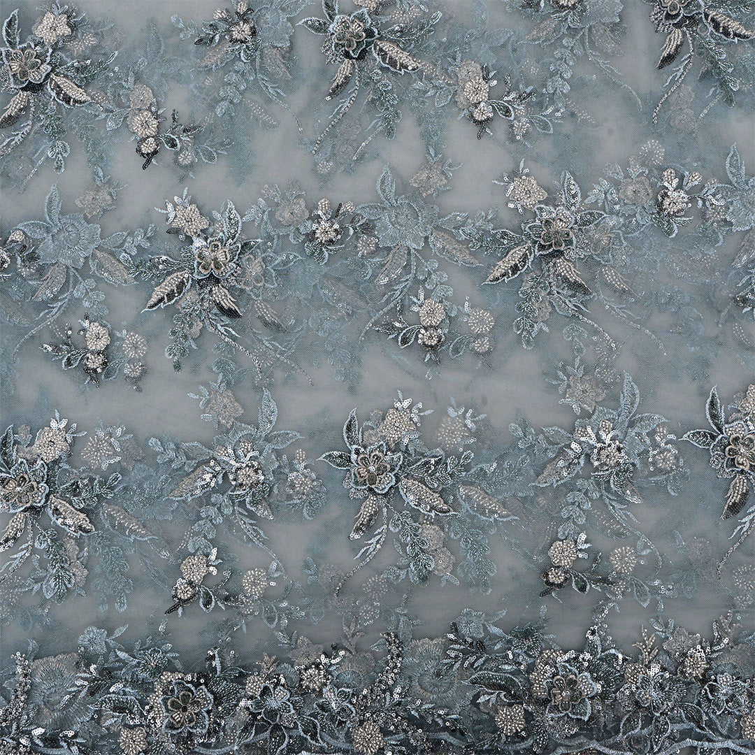 Bluish Gray Netted Embroidered Fabric