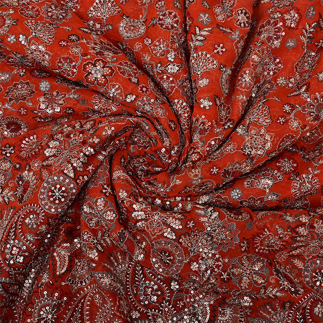 Timberbird Orange Georgette Embroidered Fabric