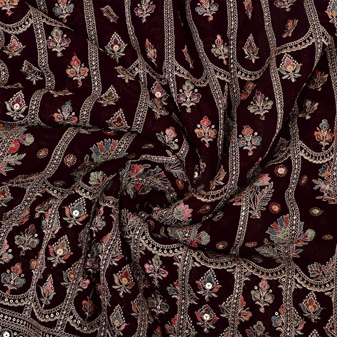 Dark Maroon Georgette Embroidered Fabric