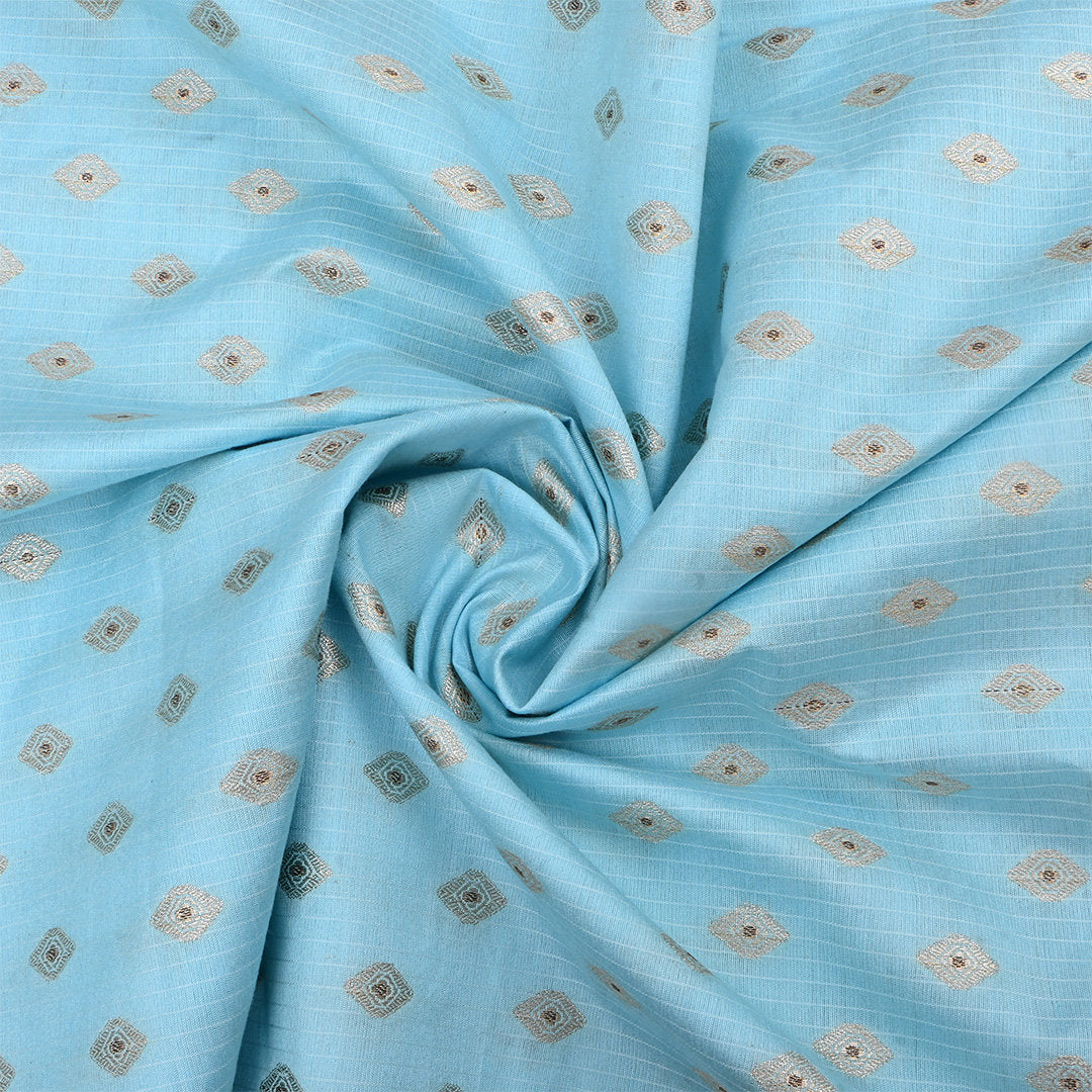 Coral Blue Jamawar Silk Fabric With Butti'S