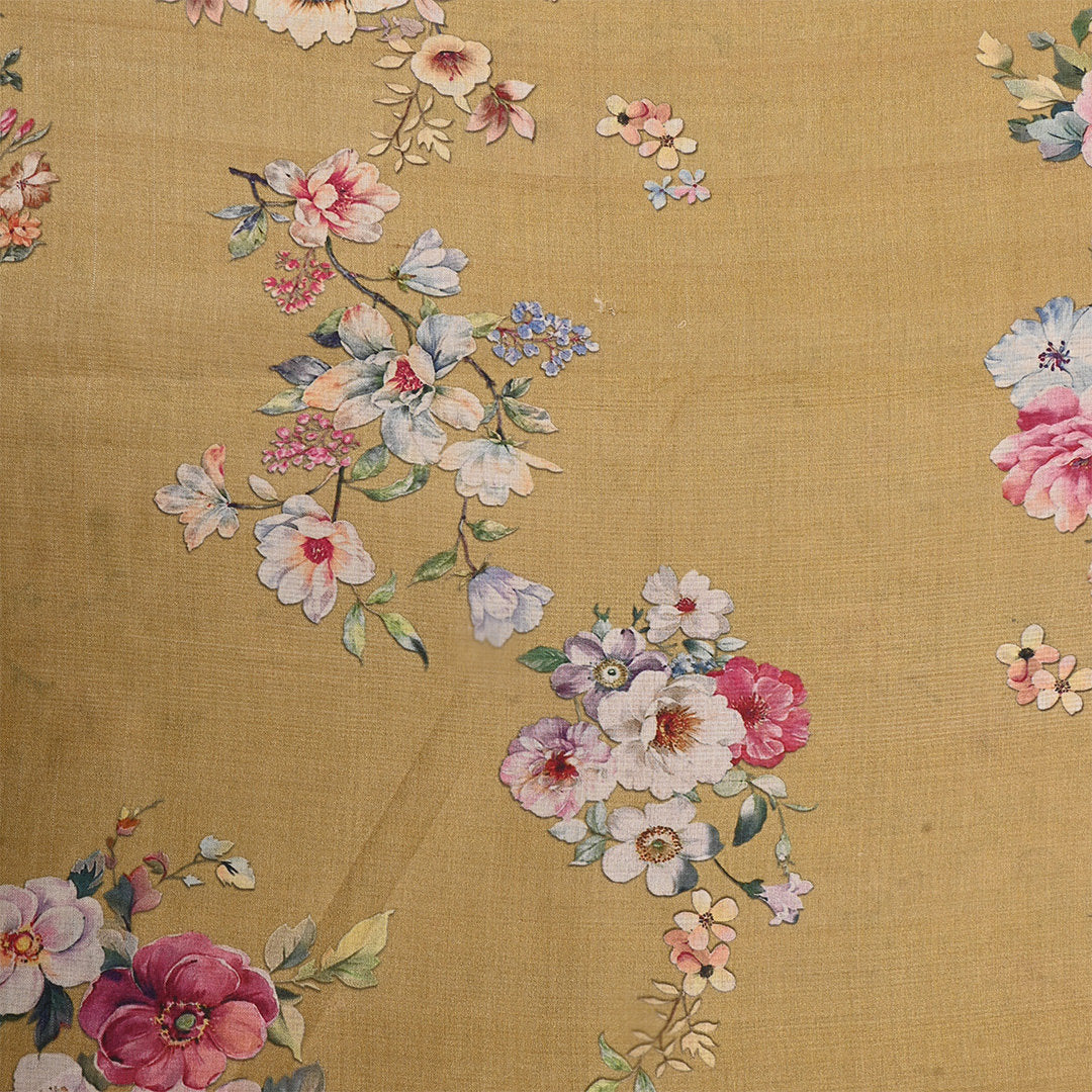 Muddy Waters Yellow Tussar Fabric With Floral Prints
