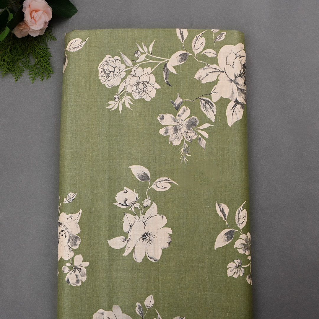 Army Brown Tussar Fabric With Floral Prints